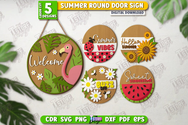 Summer Wall Round Sign Laser Cut Bundle | Summer Vibe | Porch Decor | CNC File SVG The T Store Design 