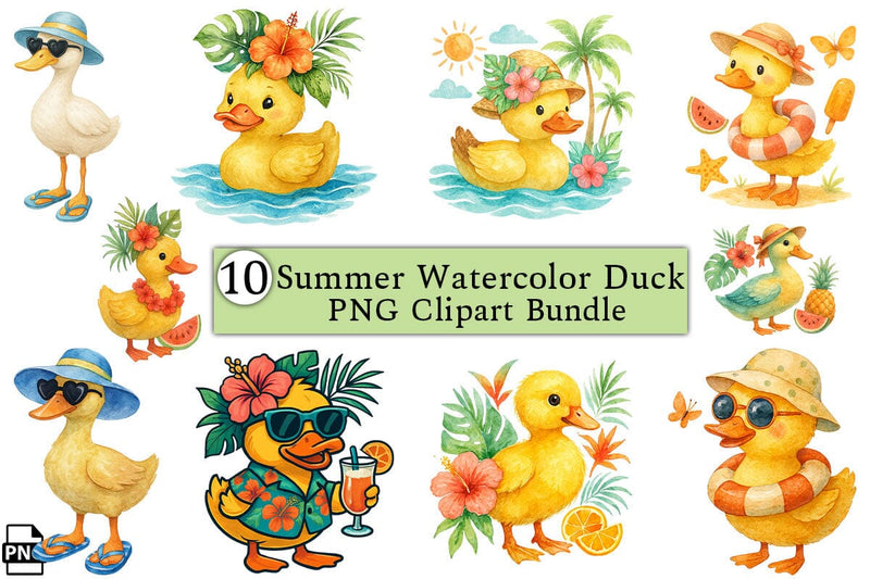 Summer Watercolor Duck PNG Clipart Bundle Printable File Sublimation Creativedesigntee 