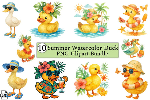 Summer Watercolor Duck PNG Clipart Bundle Printable File Sublimation Creativedesigntee 