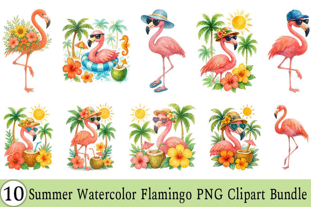 Summer Watercolor Flamingo PNG Clipart Bundle Printable File Sublimation Creativedesigntee 