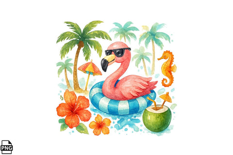Summer Watercolor Flamingo PNG Clipart Bundle Printable File Sublimation Creativedesigntee 
