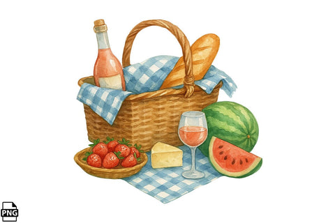 Summer Watercolor Picnic Basket Clipart Bundle Printable File Sublimation Creativedesigntee 