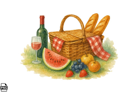 Summer Watercolor Picnic Basket Clipart Bundle Printable File Sublimation Creativedesigntee 