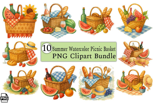 Summer Watercolor Picnic Basket Clipart Bundle Printable File Sublimation Creativedesigntee 