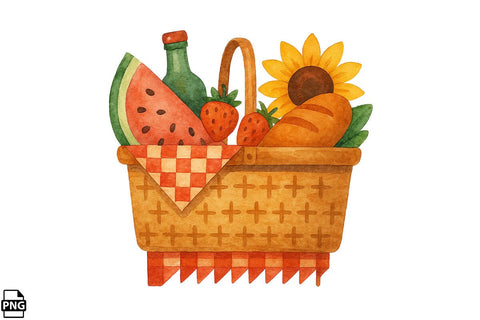 Summer Watercolor Picnic Basket Clipart Bundle Printable File Sublimation Creativedesigntee 