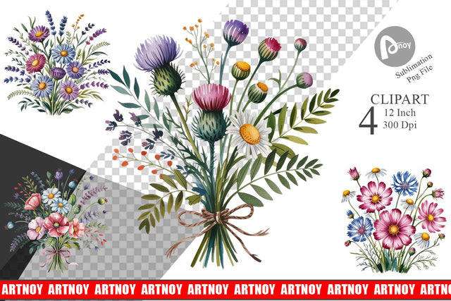 Summer Wildflower Watercolor Clipart Sublimation artnoy 