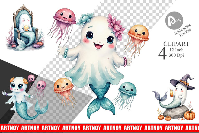 Summerween Ghost Mermaids Clipart Sublimation artnoy 