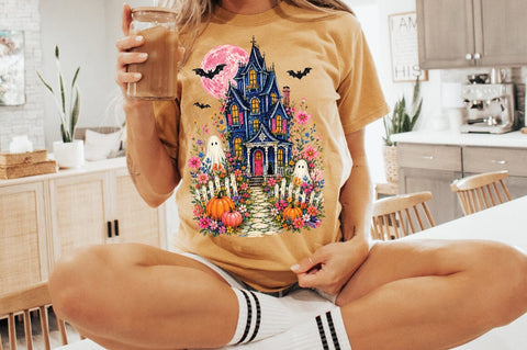 Summerween Haunted House PNG, Floral Halloween Summerween Sublimation Pickled Thistle Creative 