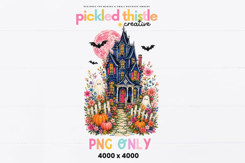 Summerween Haunted House PNG, Floral Halloween Summerween Sublimation Pickled Thistle Creative 