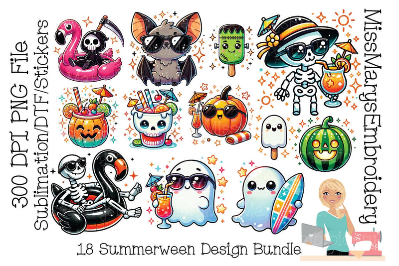 Summerween PNG Clipart Bundle | Halloween Beach Sublimation | Summer Ghost Clipart | Beach Skeleton Designs | Summerween designs | Sublimation MissMarysEmbroidery 