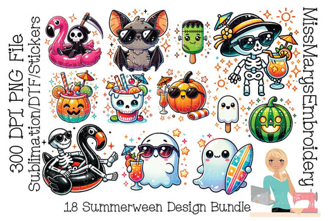 Summerween PNG Clipart Bundle | Halloween Beach Sublimation | Summer Ghost Clipart | Beach Skeleton Designs | Summerween designs | Sublimation MissMarysEmbroidery 