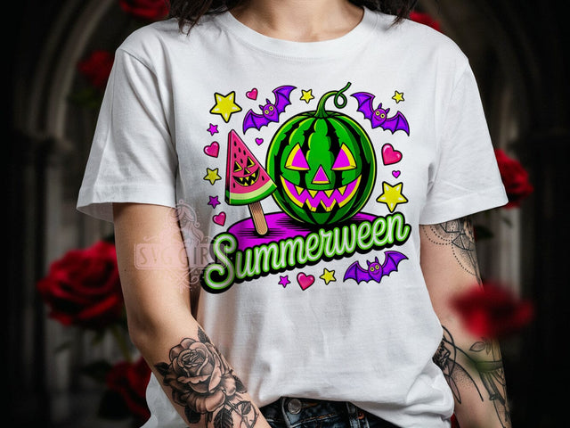 Summerween Watermelon T-Shirt PNG, Summerween Watermelon, Spooky Style, Holiday Vibes, Halloween Fashion, Sublimation PNG, Statement Shirt, Seasonal Apparel Sublimation SvggirlplusArt 