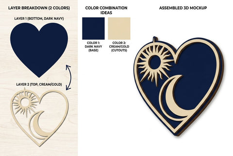 Sun and Moon Heart Frame – Minimal Celestial Laser Cut Wooden Design SVG Regulrcrative 