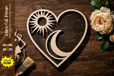 Sun and Moon Heart Frame – Minimal Celestial Laser Cut Wooden Design SVG Regulrcrative 