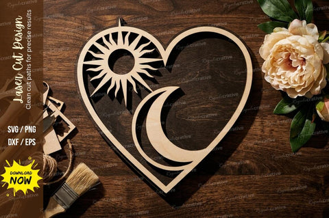 Sun and Moon Heart Frame – Minimal Celestial Laser Cut Wooden Design SVG Regulrcrative 