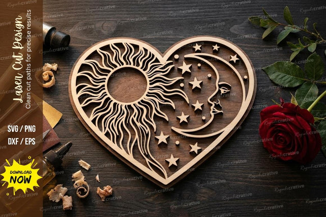 Sun and Moon Heart Mandala – Celestial Laser Cut Wooden SVG Design SVG Regulrcrative 