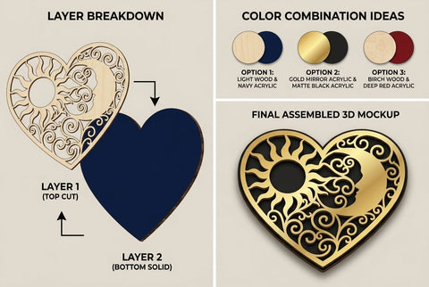 Sun and Moon Heart Mandala – Decorative Laser Cut Wooden Wall Art SVG Regulrcrative 