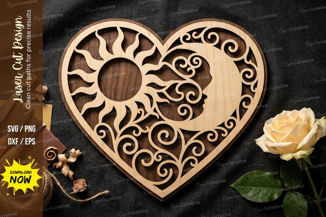 Sun and Moon Heart Mandala – Decorative Laser Cut Wooden Wall Art SVG Regulrcrative 