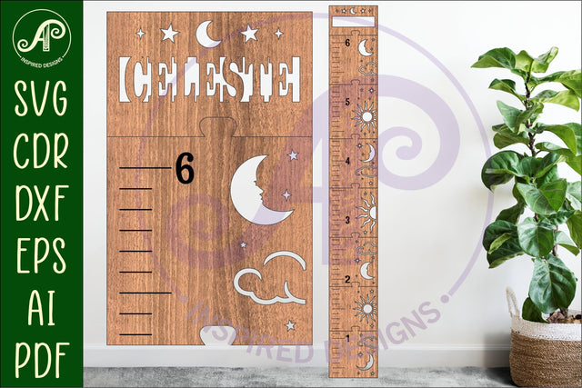 Sun and moon personalized kids height chart in imperial SVG APInspireddesigns 