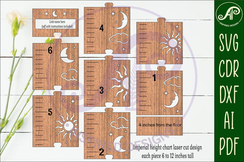 Sun and moon personalized kids height chart in imperial SVG APInspireddesigns 