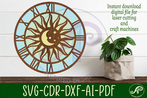 Sun and moon wall clock laser cut files, SVG file SVG APInspireddesigns 