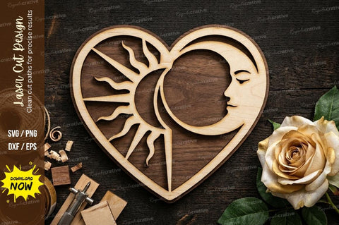 Sun Moon Face Heart Mandala – Artistic Laser Cut Wooden Wall Design SVG Regulrcrative 