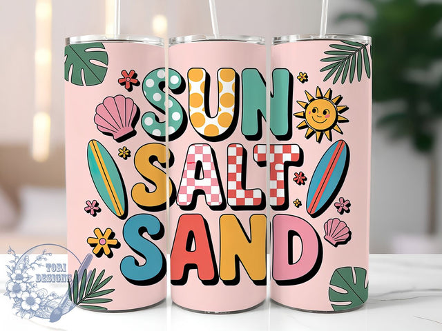 Sun Salt Sand Vibes 20oz Tumbler, Playful Summer Wrap, 20oz Skinny Tumbler, Summer Quotes PNG, Vibrant Beach Sublimation, Bold Summer Typography, Tropical Vacation Art, Coastal Vibes Graphic Sublimation ToriDesigns 