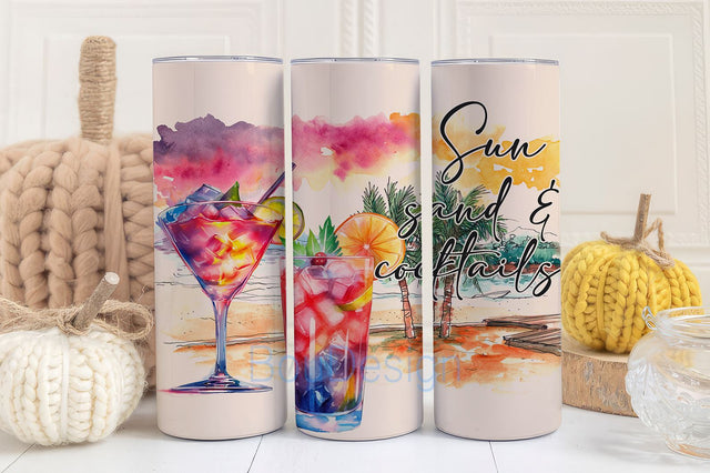 Sun sand & cocktails 20 oz skinny tumbler sublimation design Watercolor Summer Vocation Beach digital PNG Straight wrap Waterslide download Sublimation BouDesign 