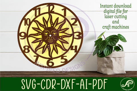 Sun themed clock wall clock laser cut files SVG APInspireddesigns 