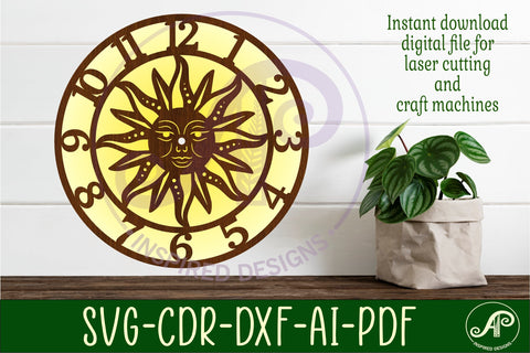 Sun themed clock wall clock laser cut files SVG APInspireddesigns 