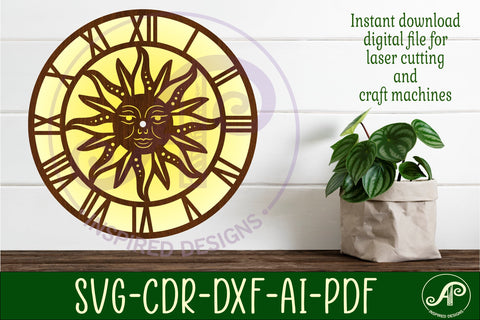 Sun themed clock wall clock laser cut files SVG APInspireddesigns 