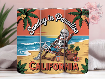 Sunday In Paradise 20oz Tumbler, Sunday In Paradise Phrase, California Retro Beach Scene, Relaxed Skeleton Illustration, Sublimation Tumbler Wrap, 20oz Tumbler, Fun Summer Gift Sublimation Li Zamperini 