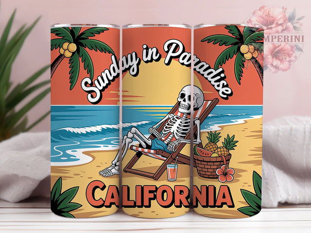 Sunday In Paradise 20oz Tumbler, Sunday In Paradise Phrase, California Retro Beach Scene, Relaxed Skeleton Illustration, Sublimation Tumbler Wrap, 20oz Tumbler, Fun Summer Gift Sublimation Li Zamperini 