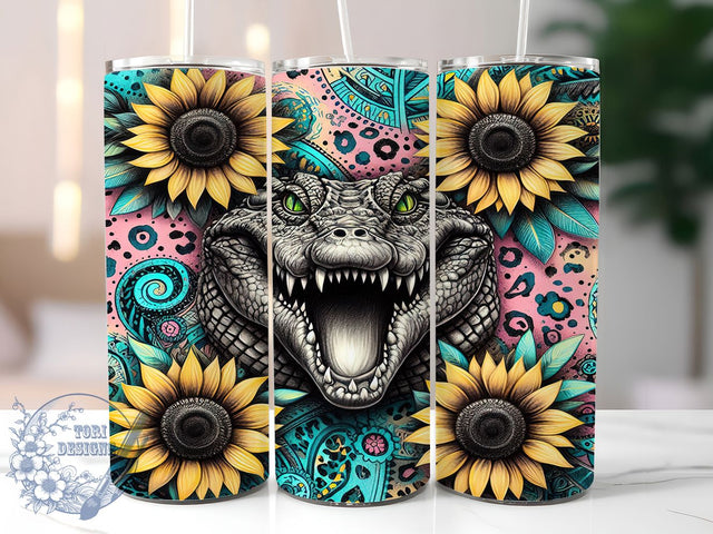 Sunflower Alligator Tumbler Wrap, Sunflower Gator Tumbler, 20oz Sublimation Tumbler, Swamp Animal Tumbler, Floral Alligator Design, Southern Wildlife Tumbler, Unique Nature Tumbler Sublimation ToriDesigns 