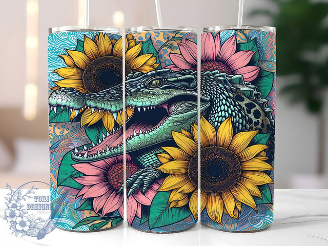Sunflower Alligator Tumbler Wrap, Sunflower Gator Tumbler, 20oz Sublimation Tumbler, Swamp Animal Tumbler, Floral Alligator Design, Southern Wildlife Tumbler, Unique Nature Tumbler Sublimation ToriDesigns 
