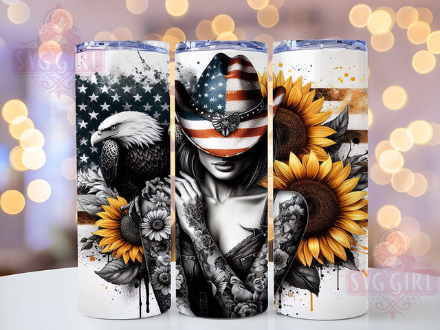 Sunflower American Flag Tattoo Tumbler Wrap, American Flag Wrap, Tattoo Girl Sublimation, USA Patriotic Design, Floral Flag Cup, Independence Day Tumbler, Boho Tattoo Mug Sublimation SvggirlplusArt 