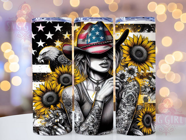 Sunflower American Flag Tattoo Tumbler Wrap, American Flag Wrap, Tattoo Girl Sublimation, USA Patriotic Design, Floral Flag Cup, Independence Day Tumbler, Boho Tattoo Mug Sublimation SvggirlplusArt 