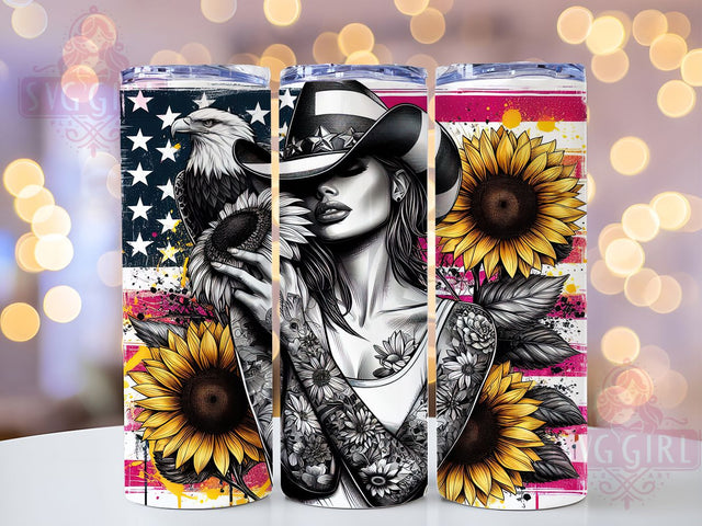 Sunflower American Flag Tattoo Tumbler Wrap, American Flag Wrap, Tattoo Girl Sublimation, USA Patriotic Design, Floral Flag Cup, Independence Day Tumbler, Boho Tattoo Mug Sublimation SvggirlplusArt 