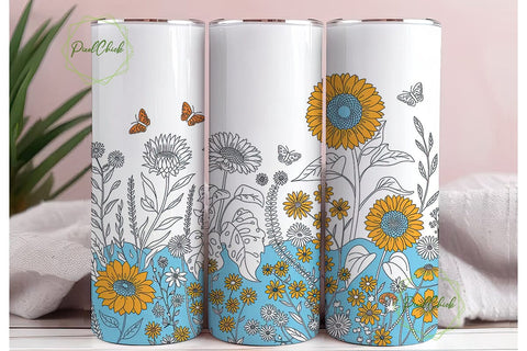 Sunflower and Butterfly Floral Tumbler Sublimation PixelChick 