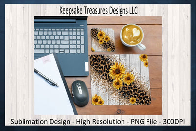 Sunflower and Leopard Mouse Pad Template & Coasters, Gold Glitter and Wooden Background, Sublimation PNG, Coaster Sublimation Template, Digital Download, PNG Printable Sublimation Keepsake Treasures Designs LLC. 