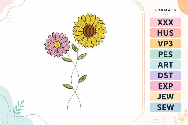 Sunflower and Pink Daisy Crossed Stems Embroidery Design Embroidery/Applique DESIGNS sg embroidery 