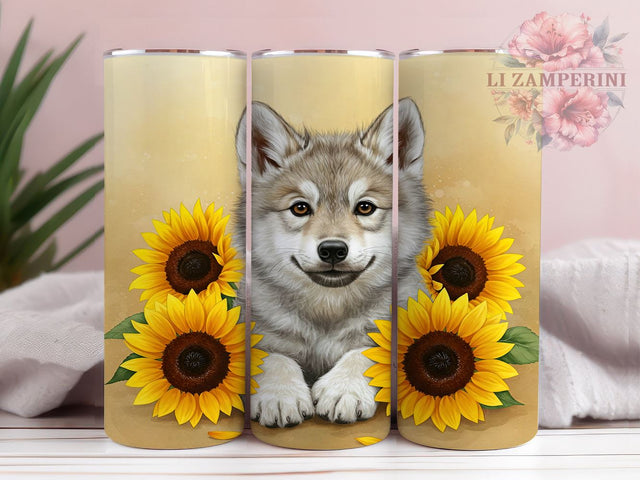 Sunflower Baby Wolf 20oz Tumbler, Sunflower Design, 20oz Sublimation Wrap, Cute Wolf Drinkware, Custom Floral Tumbler, Wolf Lover Gift, Adorable Wolf Decor Sublimation Li Zamperini 