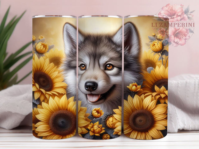 Sunflower Baby Wolf 20oz Tumbler, Sunflower Design, 20oz Sublimation Wrap, Cute Wolf Drinkware, Custom Floral Tumbler, Wolf Lover Gift, Adorable Wolf Decor Sublimation Li Zamperini 