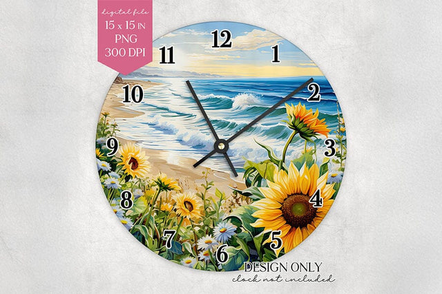 Sunflower Beach Wall Clock Sublimation Design PNG Sublimation BijouBay 