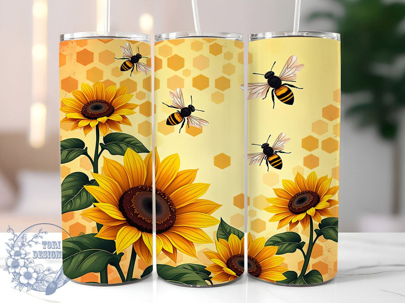 Sunflower Bee Tumbler Wrap Design, Sunflower Tumbler, Bee Tumbler Wrap, Honeycomb Design, 20oz Tumbler, Floral Tumbler, Summer Drinkware, Bee Decor Sublimation ToriDesigns 