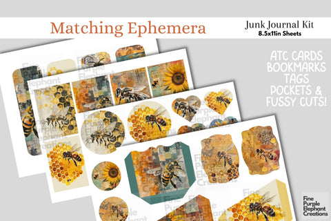 Sunflower Bees Digital Junk Journal Kit Half Page Digital Pattern Fine Purple Elephant Creations 