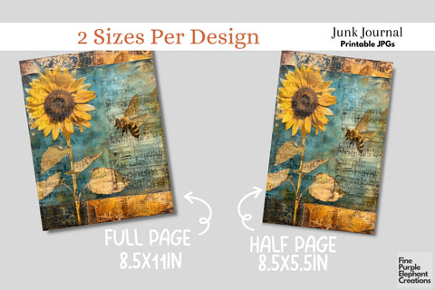 Sunflower Bees Digital Junk Journal Kit Half Page Digital Pattern Fine Purple Elephant Creations 