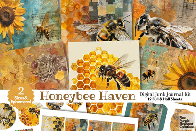 Sunflower Bees Digital Junk Journal Kit Half Page Digital Pattern Fine Purple Elephant Creations 