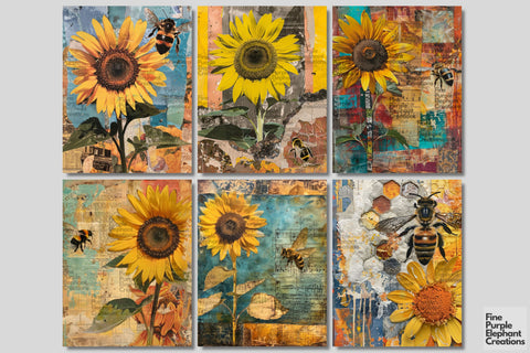 Sunflower Bees Digital Junk Journal Kit Half Page Digital Pattern Fine Purple Elephant Creations 