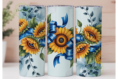 Sunflower Blue Bow Floral Tumbler Wrap Sublimation PixelChick 